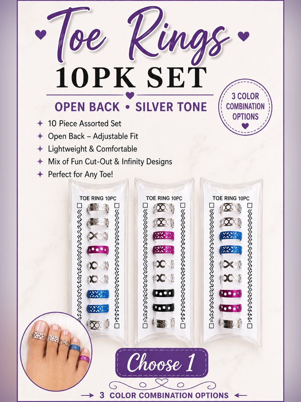 Toe Rings 10-Pack Set - Assorted Silver Tone with Pink, Blue, Black